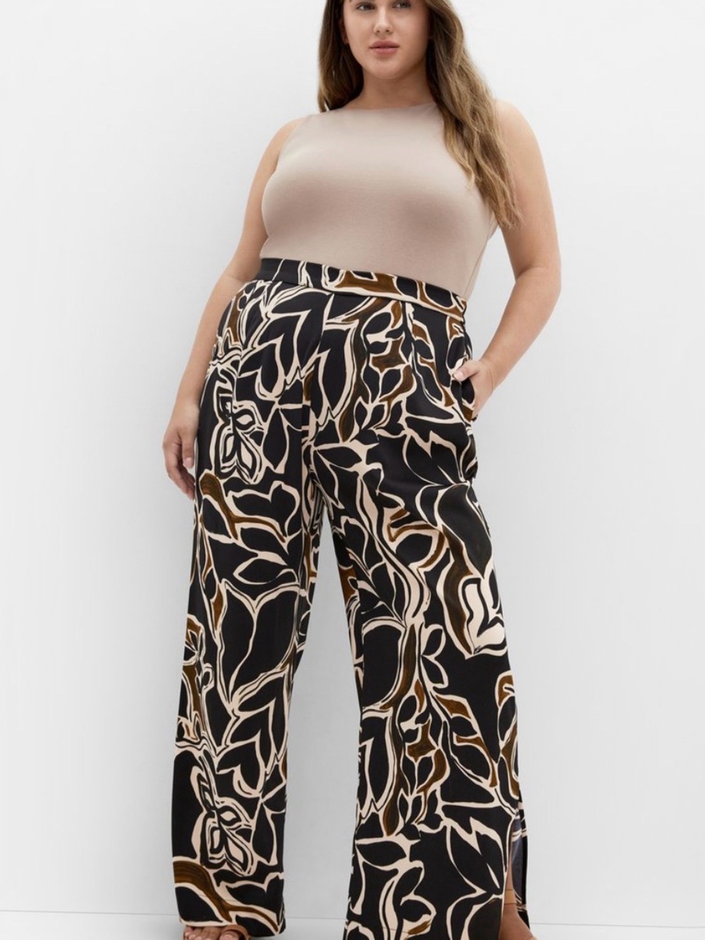 City Chic Black & Tan Wide-Leg Printed Palazzo Pants